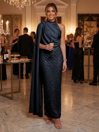 Sequin Sheath/Column One Shoulder Floor-Length Formal Dresses with Side Draped Sash