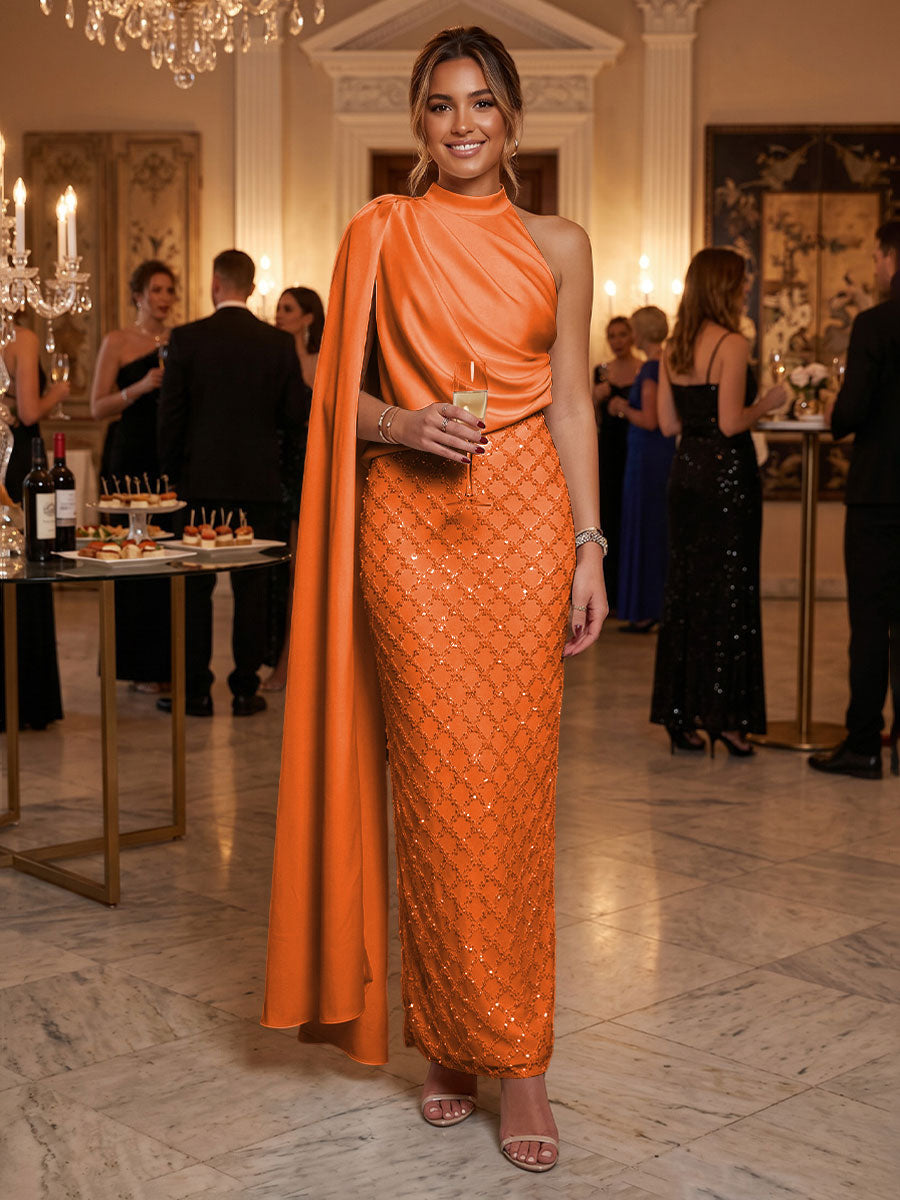 Sequin Sheath/Column One Shoulder Floor-Length Formal Dresses with Side Draped Sash