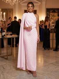 Sequin Sheath/Column One Shoulder Floor-Length Formal Dresses with Side Draped Sash