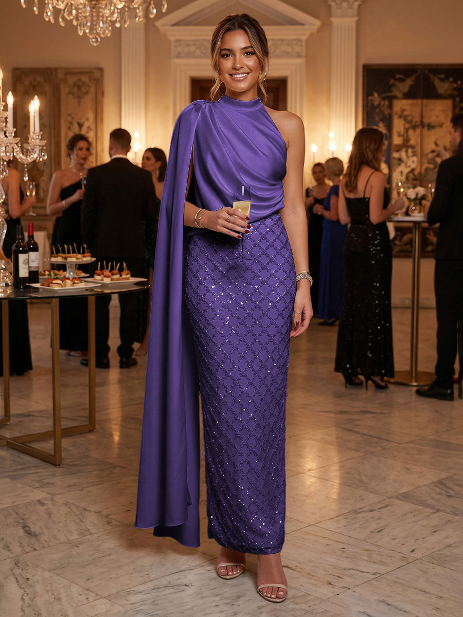 Sequin Sheath/Column One Shoulder Floor-Length Formal Dresses with Side Draped Sash