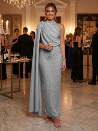 Sequin Sheath/Column One Shoulder Floor-Length Formal Dresses with Side Draped Sash