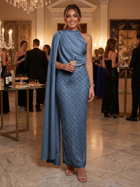 Sequin Sheath/Column One Shoulder Floor-Length Formal Dresses with Side Draped Sash
