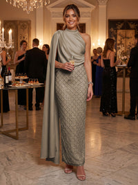 Sequin Sheath/Column One Shoulder Floor-Length Formal Dresses with Side Draped Sash