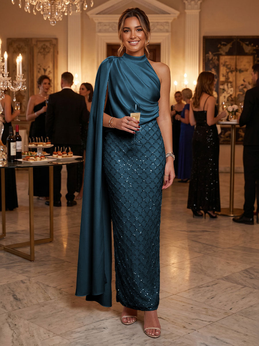 Sequin Sheath/Column One Shoulder Floor-Length Formal Dresses with Side Draped Sash