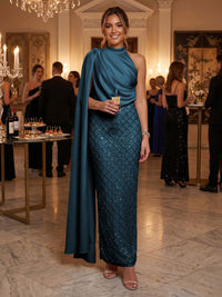 Sequin Sheath/Column One Shoulder Floor-Length Formal Dresses with Side Draped Sash