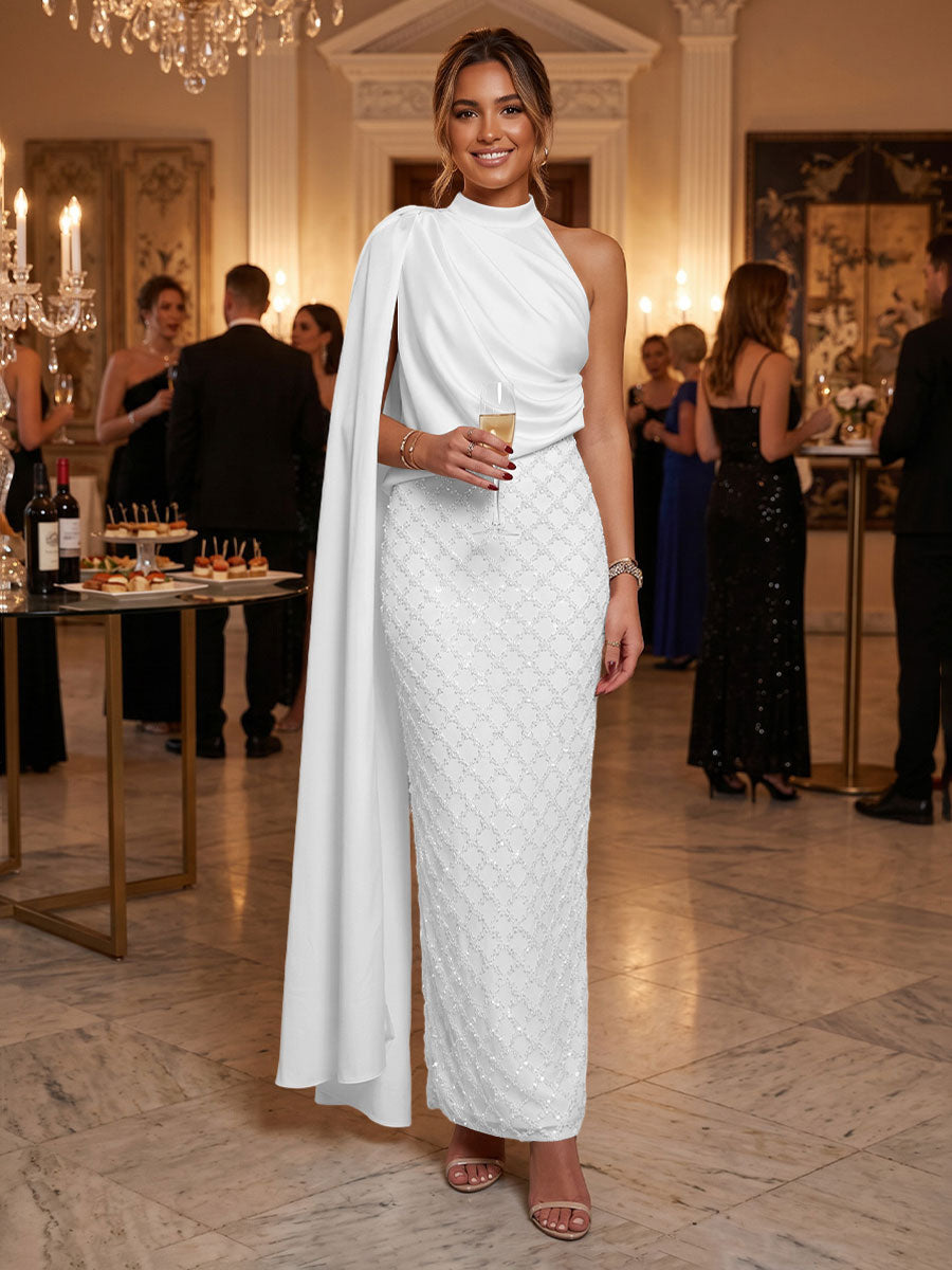 Sequin Sheath/Column One Shoulder Floor-Length Formal Dresses with Side Draped Sash