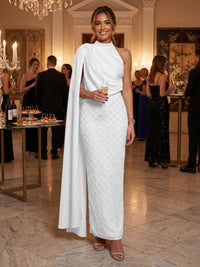 Sequin Sheath/Column One Shoulder Floor-Length Formal Dresses with Side Draped Sash