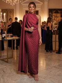 Sequin Sheath/Column One Shoulder Floor-Length Formal Dresses with Side Draped Sash