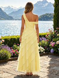 Chiffon A-Line/Princess Off Shoulder Floor-Length Formal Dresses with Tiered & Flower