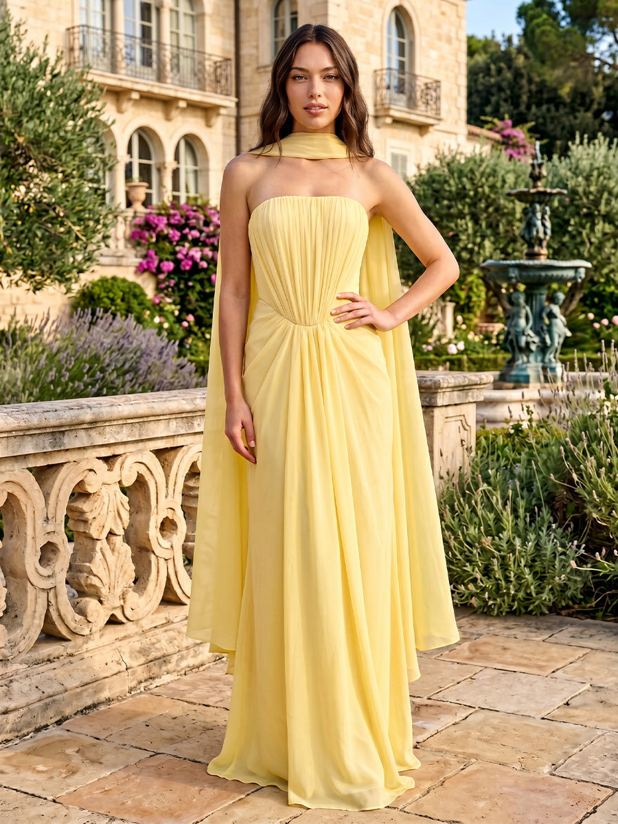 Chiffon A-Line/Princess Strapless Floor-Length Formal Dresses with Scarf, Corset & Pleated