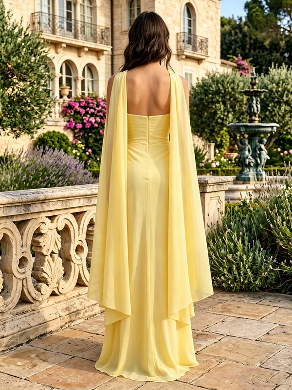 Chiffon A-Line/Princess Strapless Floor-Length Formal Dresses with Scarf, Corset & Pleated