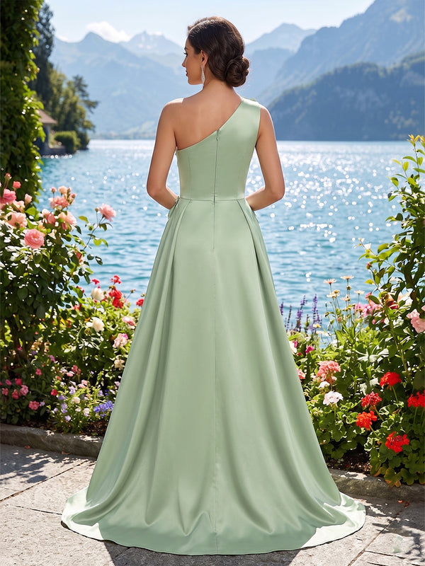Satin A-Line/Princess One Shoulder Floor-Length Formal Dresses with Slit