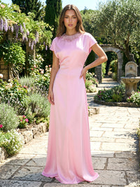 Satin A-Line/Princess Scoop Neck Floor-Length Formal Dresses with Rhinestones