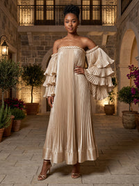 Chiffon A-Line/Princess Off Shoulder Floor-Length Formal Dresses with Ruffles & Pleated