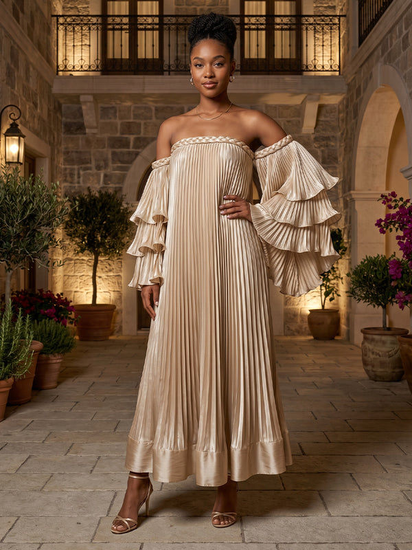 Chiffon A-Line/Princess Off Shoulder Floor-Length Formal Dresses with Ruffles & Pleated