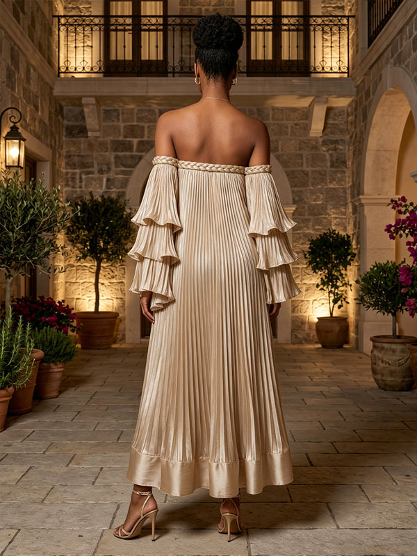 Chiffon A-Line/Princess Off Shoulder Floor-Length Formal Dresses with Ruffles & Pleated
