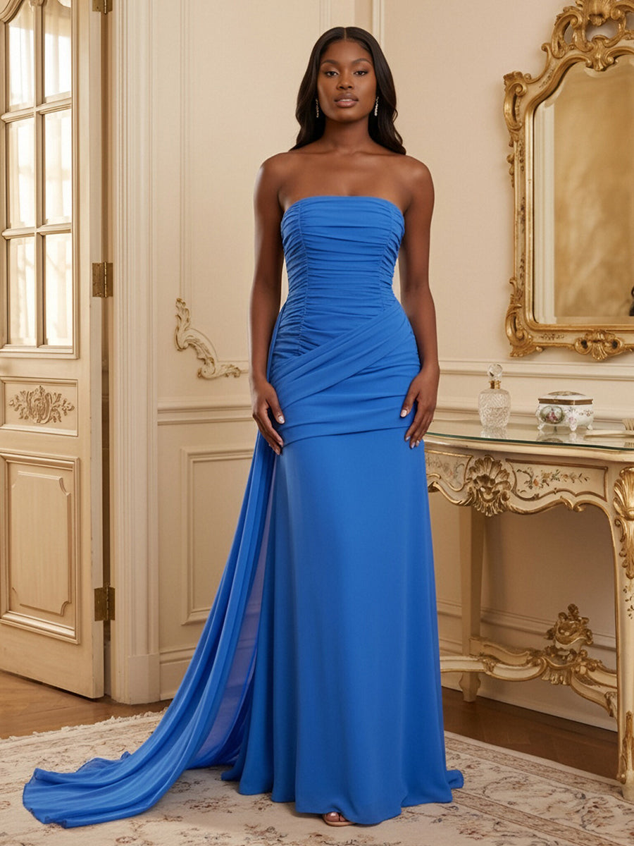 Chiffon Sheath/Column Strapless Floor-Length Formal Dresses with Ruched Waist & Sweep Train