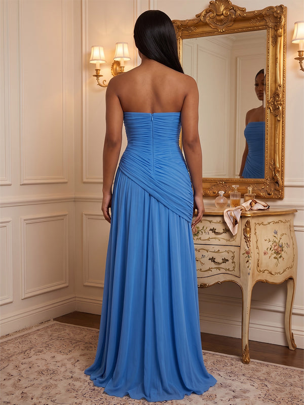 Chiffon A-Line/Princess Strapless Floor-Length Formal Dresses with Pleats & Slit