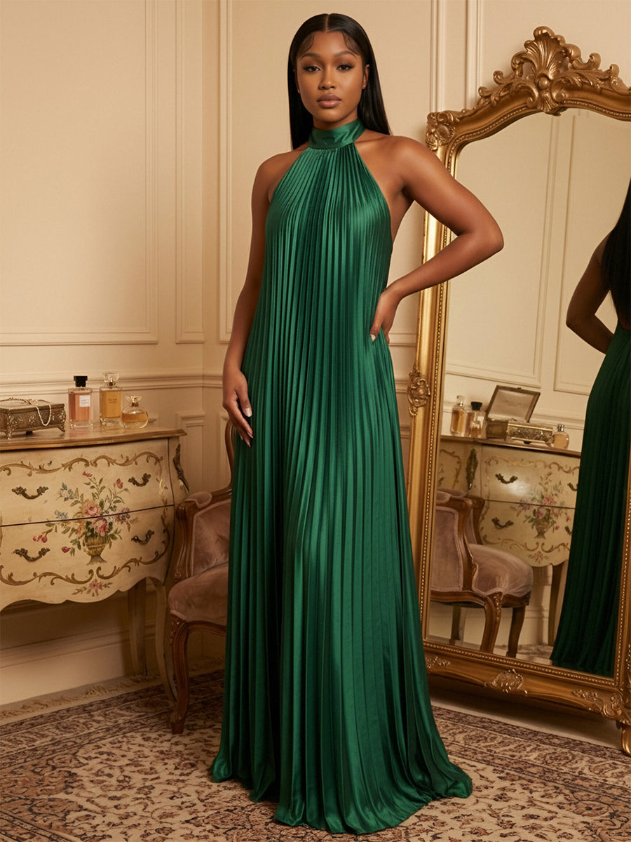 Satin A-Line/Princess Halter Floor-Length Formal Dresses with Pleats