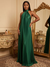 Satin A-Line/Princess Halter Floor-Length Formal Dresses with Pleats