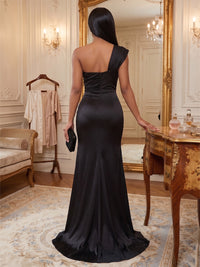 Satin Sheath/Column One Shoulder Floor-Length Formal Dresses with Ruched Waist & Slit