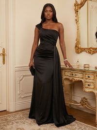 Satin Sheath/Column One Shoulder Floor-Length Formal Dresses with Sweep Train
