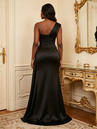 Satin Sheath/Column One Shoulder Floor-Length Formal Dresses with Sweep Train
