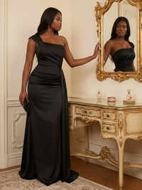 Satin Sheath/Column One Shoulder Floor-Length Formal Dresses with Sweep Train