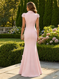 Satin Mermaid/Trumpet V-Neck Floor-Length Formal Dresses with 3D Flowers