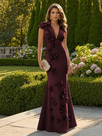 Satin Mermaid/Trumpet V-Neck Floor-Length Formal Dresses with 3D Flowers