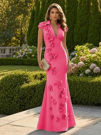 Satin Mermaid/Trumpet V-Neck Floor-Length Formal Dresses with 3D Flowers