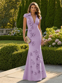 Satin Mermaid/Trumpet V-Neck Floor-Length Formal Dresses with 3D Flowers