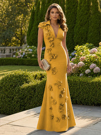 Satin Mermaid/Trumpet V-Neck Floor-Length Formal Dresses with 3D Flowers