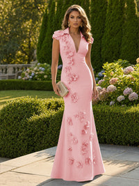 Satin Mermaid/Trumpet V-Neck Floor-Length Formal Dresses with 3D Flowers