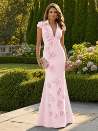 Satin Mermaid/Trumpet V-Neck Floor-Length Formal Dresses with 3D Flowers