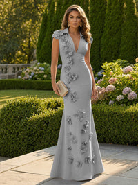 Satin Mermaid/Trumpet V-Neck Floor-Length Formal Dresses with 3D Flowers