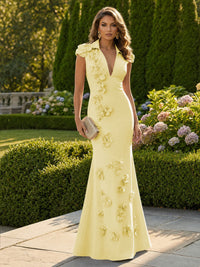 Satin Mermaid/Trumpet V-Neck Floor-Length Formal Dresses with 3D Flowers