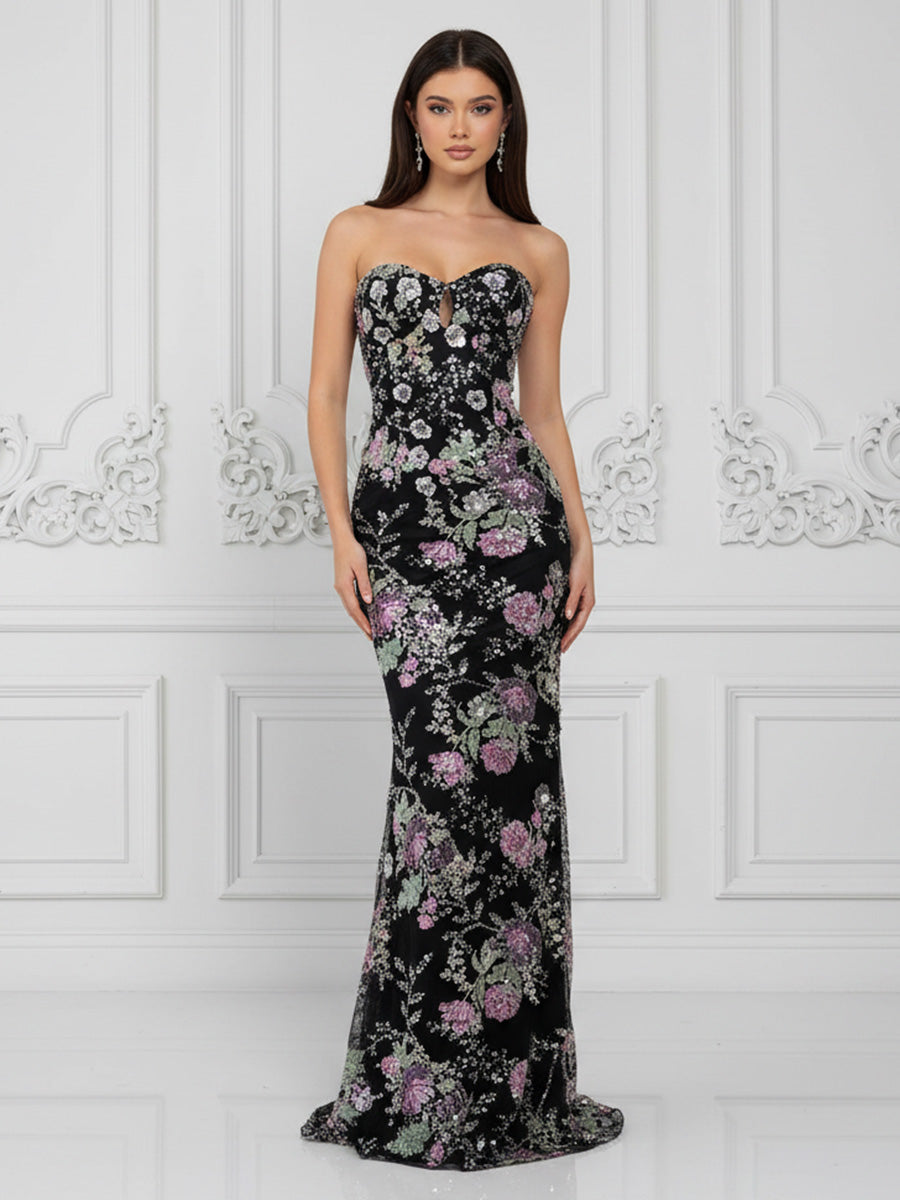 Sequin Floral Sheath/Column Strapless Floor-Length Formal Dresses for Women