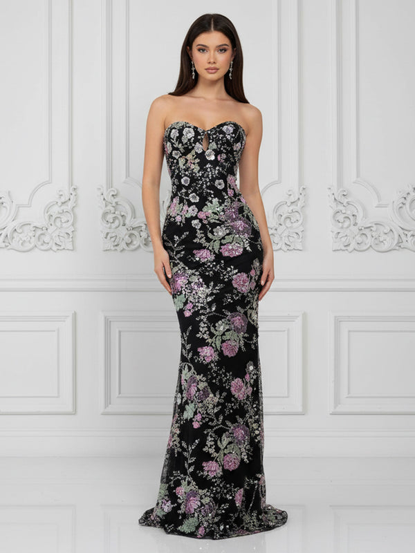 Sequin Floral Sheath/Column Strapless Floor-Length Formal Dresses for Women