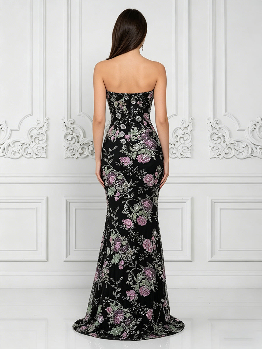 Sequin Floral Sheath/Column Strapless Floor-Length Formal Dresses for Women