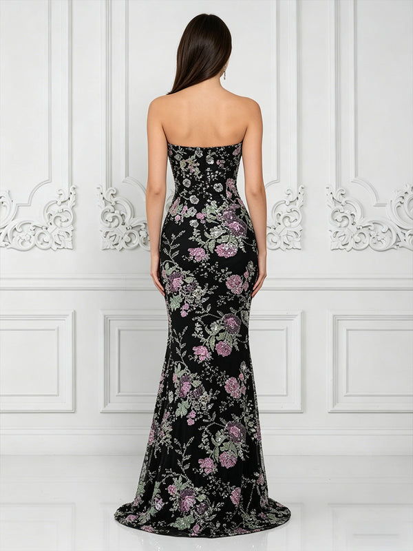 Sequin Floral Sheath/Column Strapless Floor-Length Formal Dresses for Women