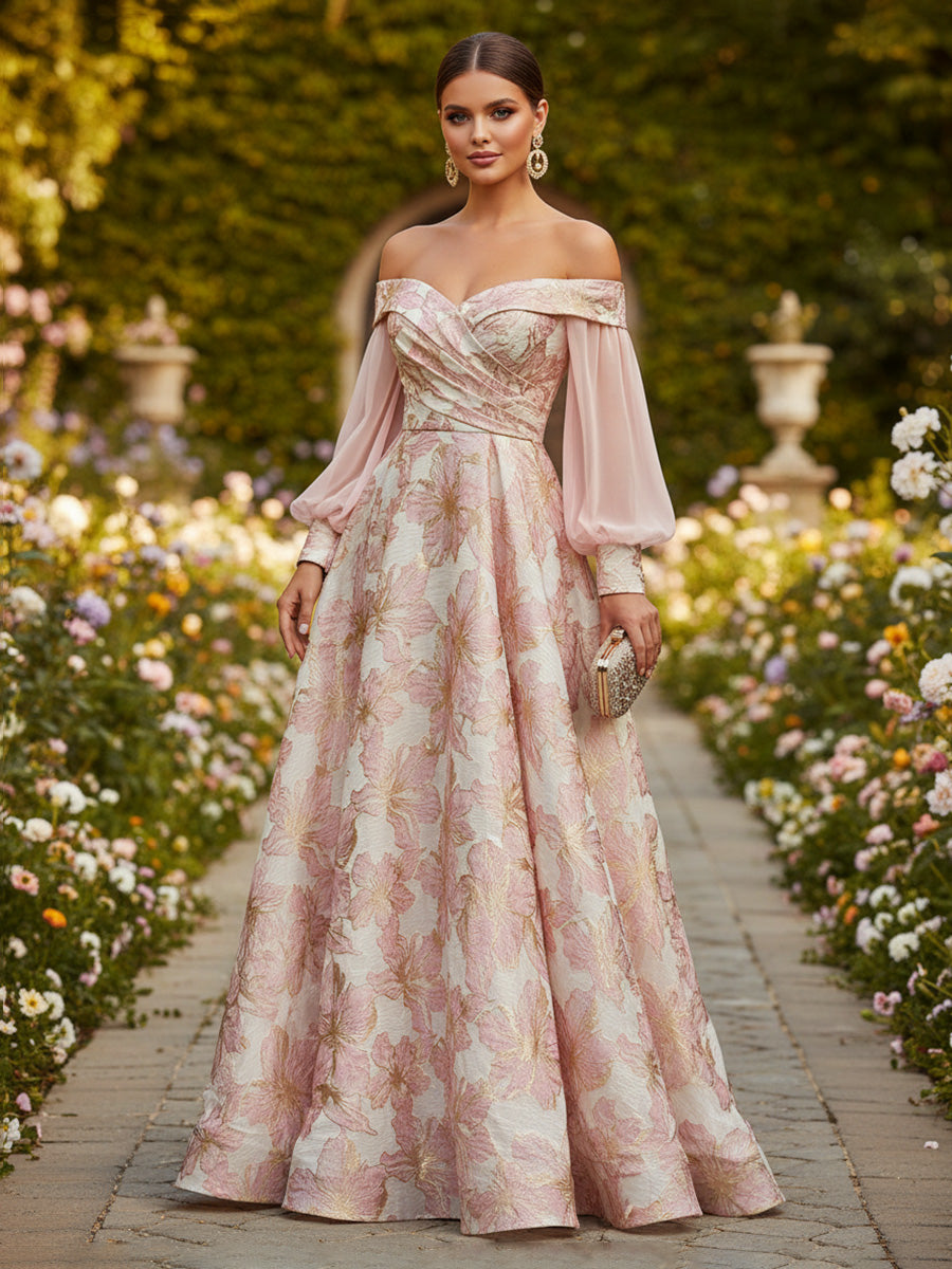 Floral Print A-Line/Princess Off Shoulder Floor-Length Formal Dresses with Ruched Waist