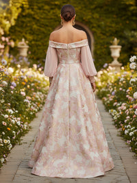 Floral Print A-Line/Princess Off Shoulder Floor-Length Formal Dresses with Ruched Waist
