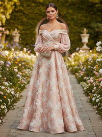 Floral Print A-Line/Princess Off Shoulder Floor-Length Formal Dresses with Ruched Waist