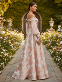 Floral Print A-Line/Princess Off Shoulder Floor-Length Formal Dresses with Ruched Waist