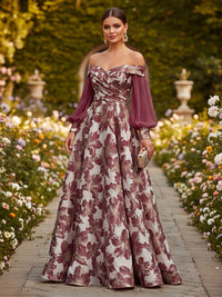 Floral Print A-Line/Princess Off Shoulder Floor-Length Formal Dresses with Ruched Waist