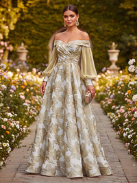 Floral Print A-Line/Princess Off Shoulder Floor-Length Formal Dresses with Ruched Waist