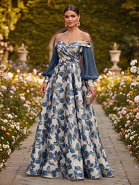 Floral Print A-Line/Princess Off Shoulder Floor-Length Formal Dresses with Ruched Waist