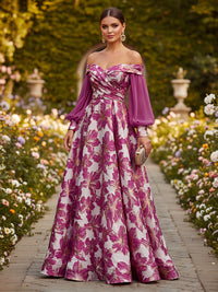 Floral Print A-Line/Princess Off Shoulder Floor-Length Formal Dresses with Ruched Waist
