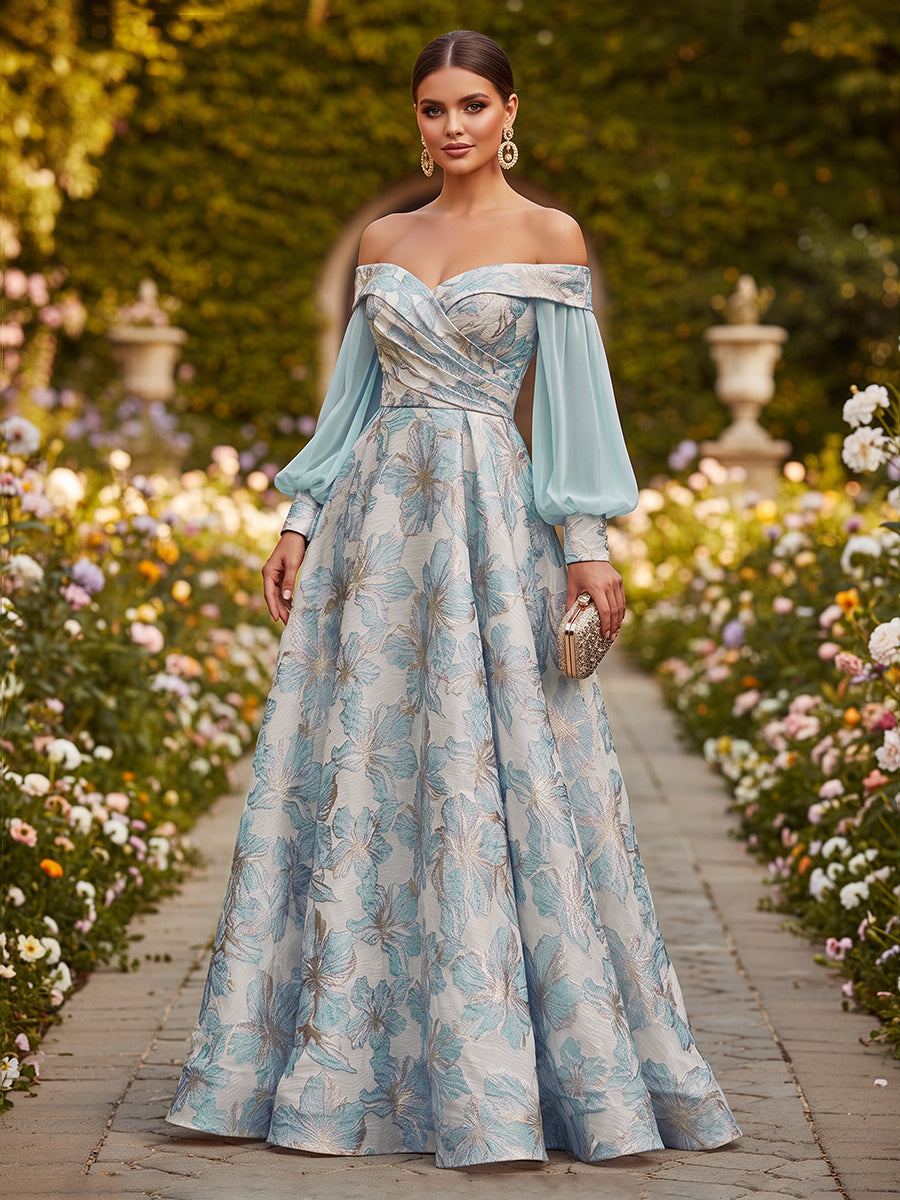 Floral Print A-Line/Princess Off Shoulder Floor-Length Formal Dresses with Ruched Waist